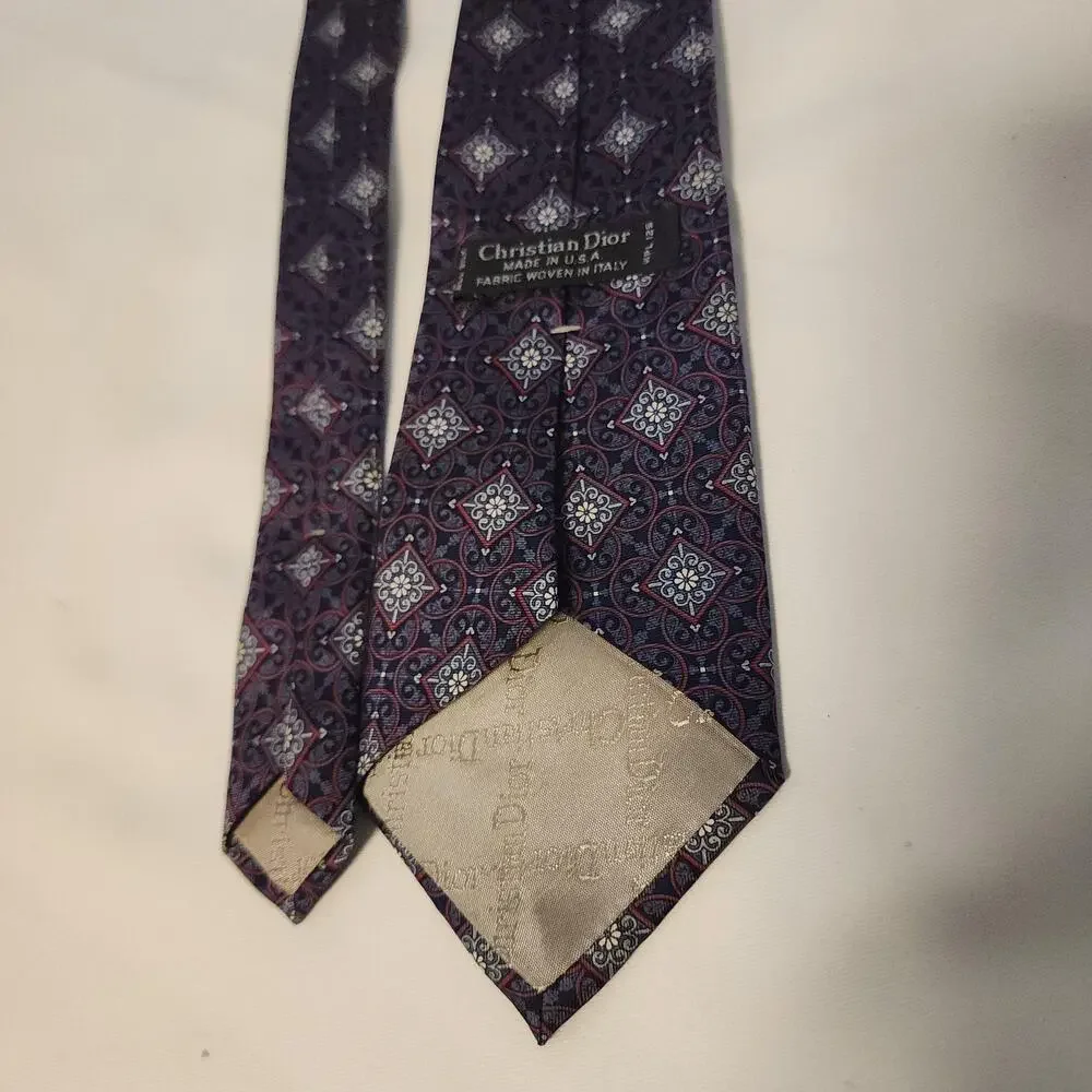 Christian Dior Tie Mens Blue Silk Geometric Medallion Pattern Classic Necktie